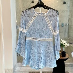 Champagne and Strawberries Powder Blue Lace Playsuit, Size Medium